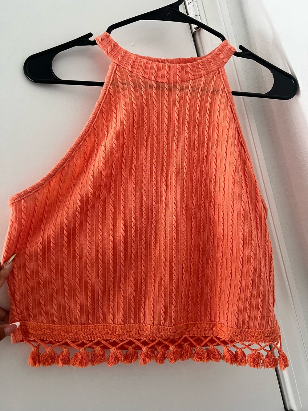 SHEIN Coral Halter Knit Crop Top with Tassel Hem